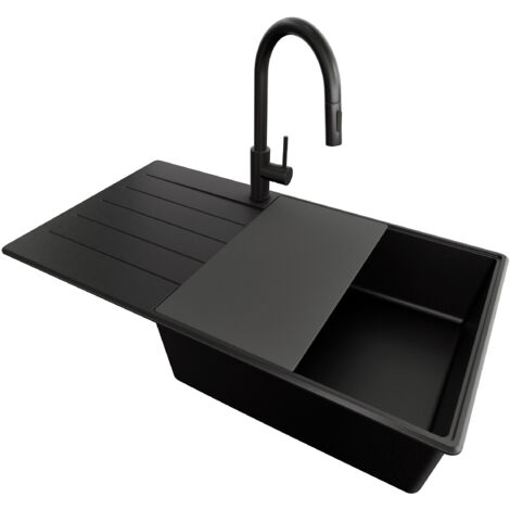 PRIMAGRAN Evier Cuisine en Granit 90x50cm, Lavabo 1 bac + Kit de Vidage + Accessoire, Évier à Encastrer au meuble 60cm - Copenhague, Tout Noir (1/5)