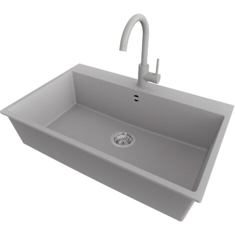 PRIMAGRAN Evier Cuisine en Granit 78x50cm,Lavabo 1 bac + Robinet 32x20cm + Kit de Vidage, Évier à Encastrer au meuble 80cm - Riga, Gris (1/5)
