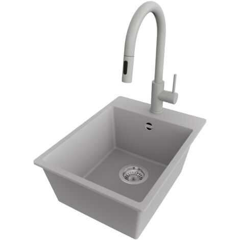 PRIMAGRAN Evier Cuisine en Granit 38x50cm,Lavabo 1 bac + Robinet 40x20cm + Kit de Vidage, Évier à Encastrer au meuble 40cm - Riga, Gris (1/5)