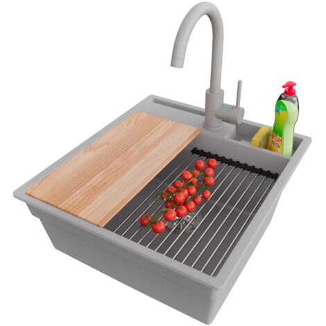 PRIMAGRAN Evier Cuisine en Granit 48x53cm,Lavabo 1 bac + Robinet 32x20cm + Kit de Vidage + Accessoires, Évier à Encastrer au meuble 50cm - Oslo Pocket, Gris (1/5)