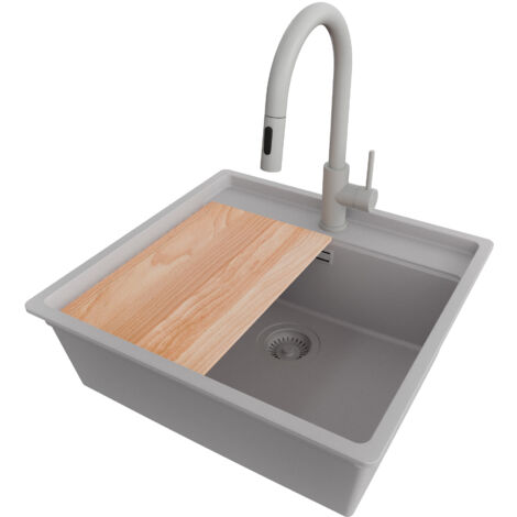 PRIMAGRAN Evier Cuisine en Granit 56x53cm,Lavabo 1 bac + Robinet 40x20cm + Kit de Vidage + Planche à Découper, Évier à Encastrer au meuble 60cm - Bergen, Gris (1/5)