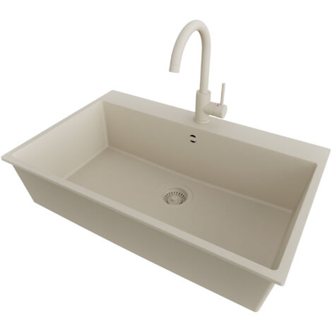 PRIMAGRAN Evier Cuisine en Granit 78x50cm,Lavabo 1 bac + Robinet 32x20cm + Kit de Vidage, Évier à Encastrer au meuble 80cm - Riga, Beige (1/5)