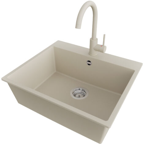 PRIMAGRAN Evier Cuisine en Granit 58x50cm,Lavabo 1 bac + Robinet 32x20cm + Kit de Vidage, Évier à Encastrer au meuble 60cm - Riga, Beige (1/5)
