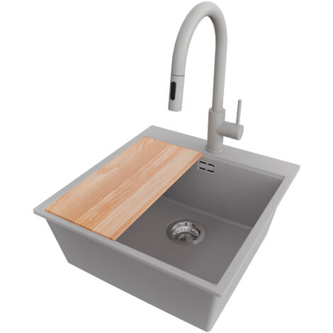 PRIMAGRAN Evier Cuisine en Granit 48x50cm,Lavabo 1 bac + Robinet 40x20cm + Kit de Vidage + Planche à Découper, Évier à Encastrer au meuble 50cm - Oslo, Gris (1/5)