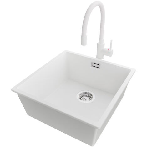 PRIMAGRAN Evier Cuisine en Granit 46x47cm,Lavabo 1 bac + Robinet 38x14cm + Kit de Vidage, Évier à Encastrer au meuble 50cm - London Slim, Blanc (1/5)