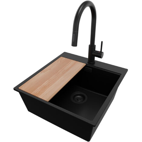 PRIMAGRAN Evier Cuisine en Granit 48x50cm, Lavabo 1 bac + Robinet 40x20cm + Kit de Vidage + Accessoire, Évier à Encastrer au meuble 50cm - Oslo, Tout Noir (1/5)