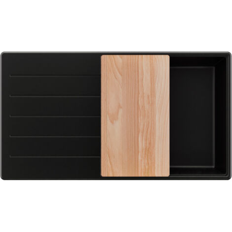 PRIMAGRAN Evier Cuisine en Granit 90x50cm,Lavabo 1 bac + Kit de Vidage + Planche à Découper, Évier à Encastrer au meuble 60cm - Copenhague, Tout Noir (1/5)