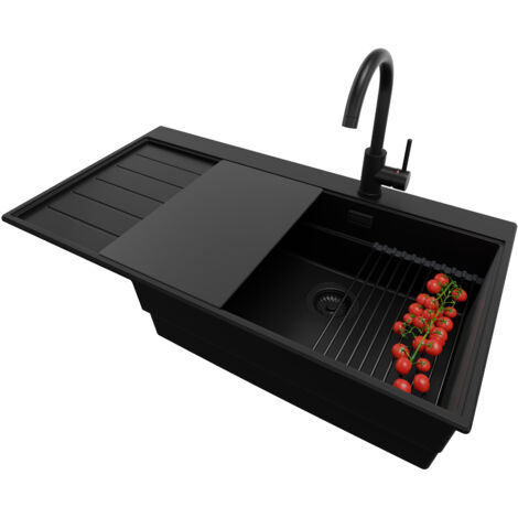 PRIMAGRAN Evier Cuisine en Granit 90x50cm,Lavabo 1 bac + Robinet 32x20cm + Kit de Vidage + Accessoires, Évier à Encastrer au meuble 60cm - Sydney, Tout Noir (1/5)