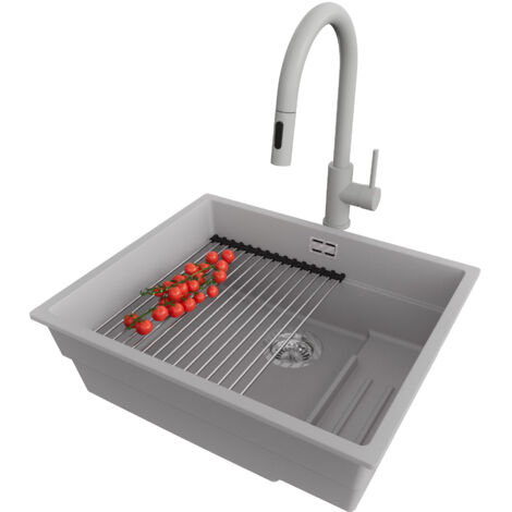 PRIMAGRAN Evier Cuisine en Granit 56x47cm, Lavabo 1 bac + Robinet 40x20cm + Kit de Vidage + Accessoire, Évier à Encastrer au meuble 60cm - Prague Slim, Gris (1/5)
