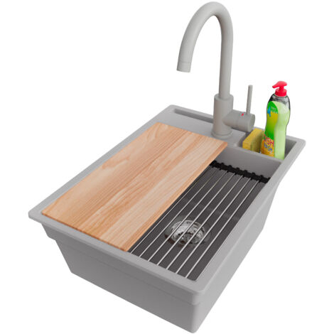 PRIMAGRAN Evier Cuisine en Granit 38x53cm,Lavabo 1 bac + Robinet 32x20cm + Kit de Vidage + Accessoires, Évier à Encastrer au meuble 40cm - Oslo Pocket, Gris (1/5)