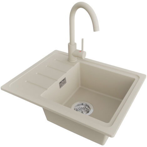 PRIMAGRAN Evier Cuisine en Granit 55x44cm,Lavabo 1 bac + Robinet 32x20cm + Kit de Vidage, Évier à Encastrer au meuble 45cm - Copenhague Easy, Beige (1/5)