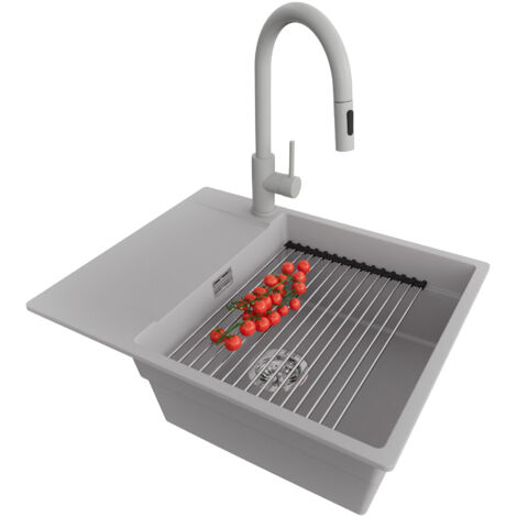 PRIMAGRAN Evier Cuisine en Granit 62x50cm, Lavabo 1 bac + Robinet 40x20cm + Kit de Vidage + Accessoire, Évier à Encastrer au meuble 50cm - San Francisco, Gris (1/5)