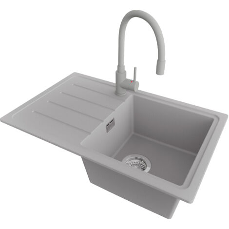 PRIMAGRAN Evier Cuisine en Granit 70x44cm,Lavabo 1 bac + Robinet 38x14cm + Kit de Vidage, Évier à Encastrer au meuble 45cm - Copenhague Easy, Gris (1/5)