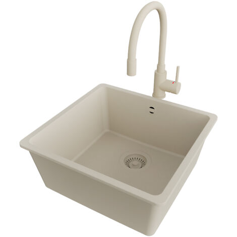 PRIMAGRAN Evier Cuisine en Granit 46x44cm,Lavabo 1 bac + Robinet 38x14cm + Kit de Vidage, Évier à Encastrer au meuble 50cm - Venise Slim Easy, Beige (1/5)