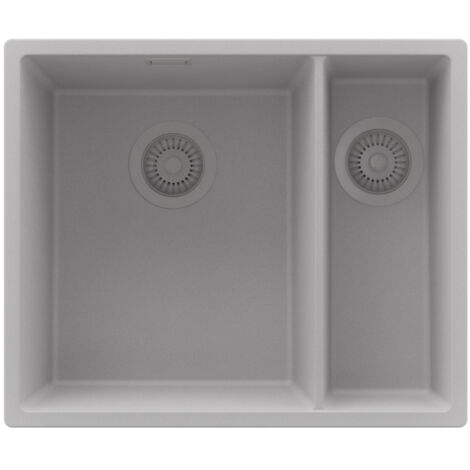 PRIMAGRAN Evier Cuisine en Granit 56x47cm,Lavabo 1,5 bacs + Kit de Vidage, Évier à Encastrer au meuble 60cm - London Slim Duo, Gris (1/5)