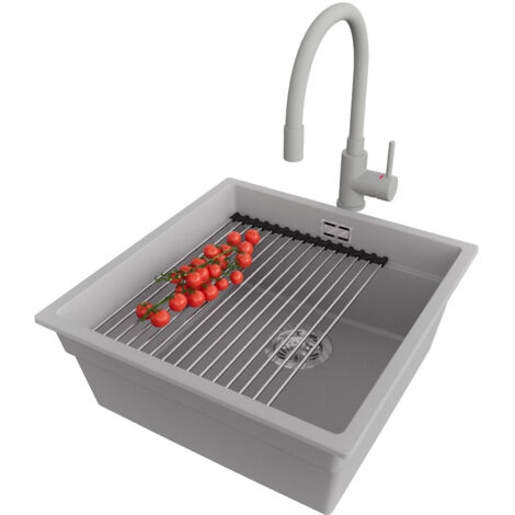 PRIMAGRAN Evier Cuisine en Granit 46x47cm, Lavabo 1 bac + Robinet 38x14cm + Kit de Vidage + Accessoire, Évier à Encastrer au meuble 50cm - Prague Slim, Gris (1/5)
