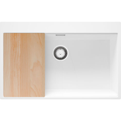 PRIMAGRAN Evier Cuisine en Granit 78x50cm,Lavabo 1 bac + Kit de Vidage + Planche à Découper, Évier à Encastrer au meuble 80cm - Oslo, Blanc (1/5)