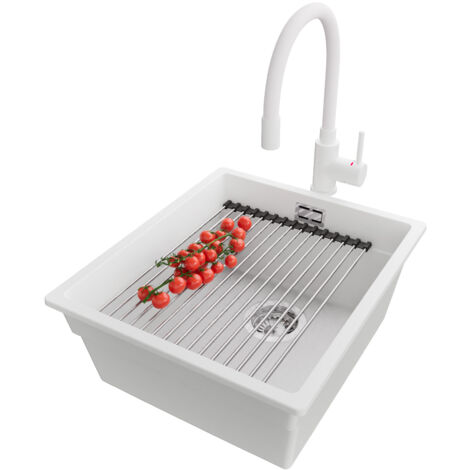 PRIMAGRAN Evier Cuisine en Granit 41x47cm, Lavabo 1 bac + Robinet 38x14cm + Kit de Vidage + Accessoire, Évier à Encastrer au meuble 45cm - Prague Slim, Blanc (1/5)