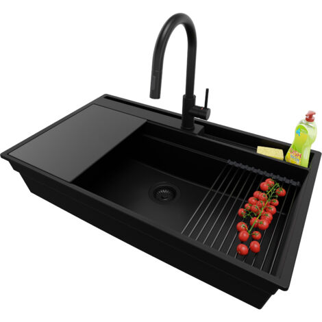 PRIMAGRAN Evier Cuisine en Granit 88x53cm, Lavabo 1 bac + Kit de Vidage + Accessoire, Évier à Encastrer au meuble 90cm - Oslo Pocket, Tout Noir