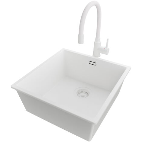 PRIMAGRAN Evier Cuisine en Granit 46x47cm,Lavabo 1 bac + Robinet 38x14cm + Kit de Vidage, Évier à Encastrer au meuble 50cm - London Slim, Tout Blanc (1/5)