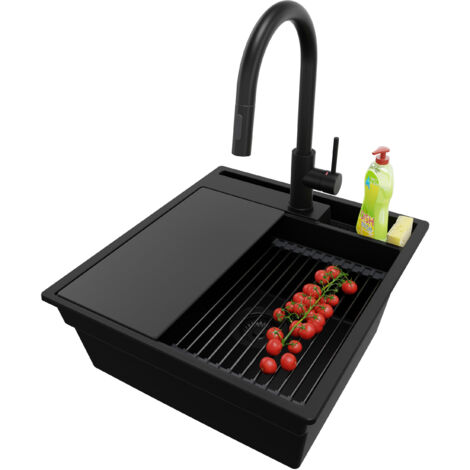 PRIMAGRAN Evier Cuisine en Granit 48x53cm, Lavabo 1 bac + Kit de Vidage + Accessoire, Évier à Encastrer au meuble 50cm - Oslo Pocket, Tout Noir (1/5)