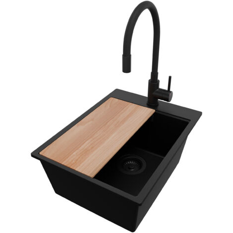 PRIMAGRAN Evier Cuisine en Granit 38x50cm, Lavabo 1 bac + Robinet 40x38cm + Kit de Vidage + Accessoire, Évier à Encastrer au meuble 40cm - Oslo, Tout Noir (1/5)