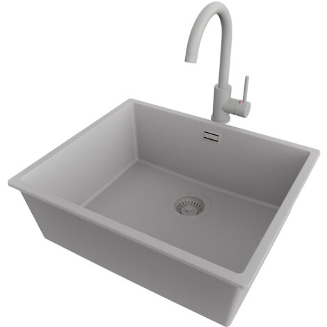 PRIMAGRAN Evier Cuisine en Granit 56x47cm,Lavabo 1 bac + Robinet 32x20cm + Kit de Vidage, Évier à Encastrer au meuble 60cm - London Slim, Gris (1/5)