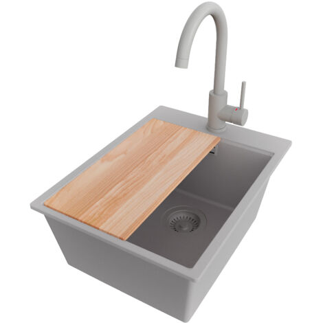 PRIMAGRAN Evier Cuisine en Granit 38x50cm,Lavabo 1 bac + Robinet 32x20cm + Kit de Vidage + Planche à Découper, Évier à Encastrer au meuble 40cm - Oslo, Gris (1/5)