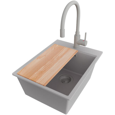 PRIMAGRAN Evier Cuisine en Granit 38x50cm,Lavabo 1 bac + Robinet 38x14cm + Kit de Vidage + Planche à Découper, Évier à Encastrer au meuble 40cm - Oslo, Gris (1/5)