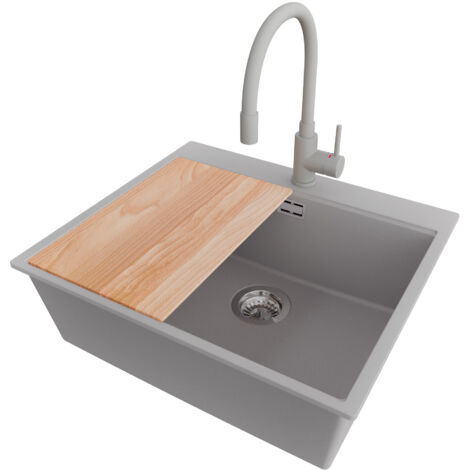PRIMAGRAN Evier Cuisine en Granit 58x50cm,Lavabo 1 bac + Robinet 38x14cm + Kit de Vidage + Planche à Découper, Évier à Encastrer au meuble 60cm - Oslo, Gris (1/5)