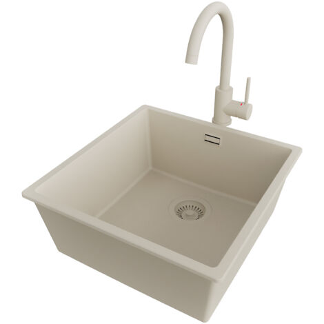 PRIMAGRAN Evier Sous Plan 46x47cm,Evier en Granit 1 bac + Robinet 32x20cm + Kit de Vidage, Évier au meuble 50cm - London, Beige (1/5)