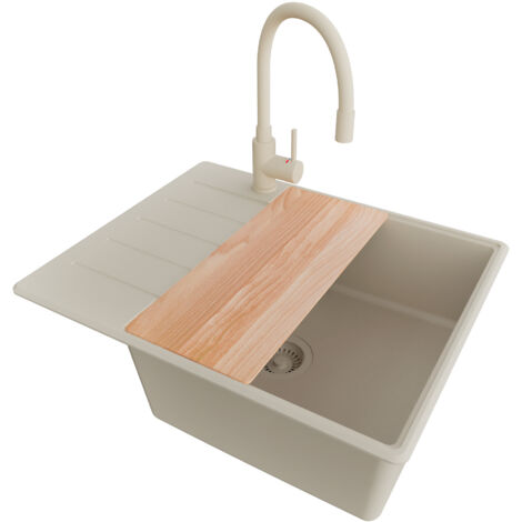 PRIMAGRAN Evier Cuisine en Granit 62x50cm, Lavabo 1 bac + Robinet 38x14cm + Kit de Vidage + Accessoire, Évier à Encastrer au meuble 50cm - Copenhague, Beige (1/5)