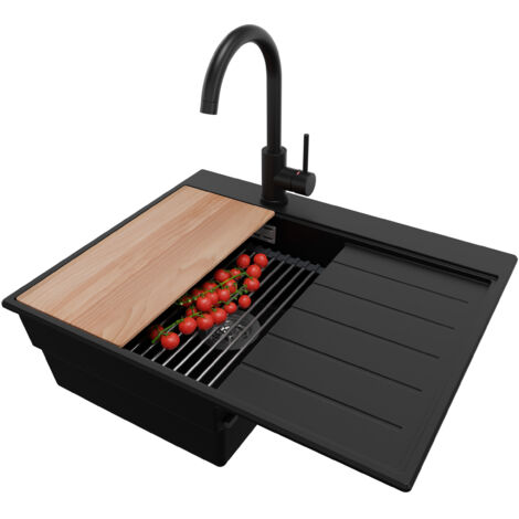 PRIMAGRAN Evier Cuisine en Granit 62x50cm,Lavabo 1 bac + Robinet 32x20cm + Kit de Vidage + Accessoires, Évier à Encastrer au meuble 40cm - Sydney, Noir (1/5)