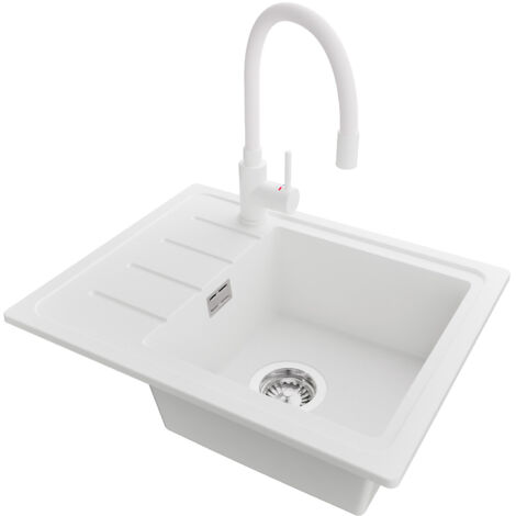 PRIMAGRAN Evier Cuisine en Granit 55x44cm,Lavabo 1 bac + Robinet 38x14cm + Kit de Vidage, Évier à Encastrer au meuble 45cm - Copenhague Easy, Blanc (1/5)