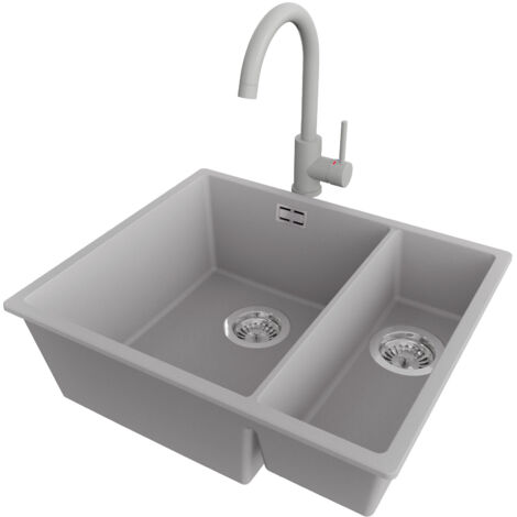 PRIMAGRAN Evier Cuisine en Granit 56x47cm,Lavabo 1,5 bacs + Robinet 32x20cm + Kit de Vidage, Évier à Encastrer au meuble 60cm - London Slim Duo, Gris (1/5)