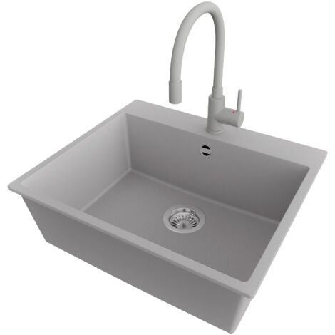 PRIMAGRAN Evier Cuisine en Granit 58x50cm,Lavabo 1 bac + Robinet 38x14cm + Kit de Vidage, Évier à Encastrer au meuble 60cm - Riga, Gris (1/5)