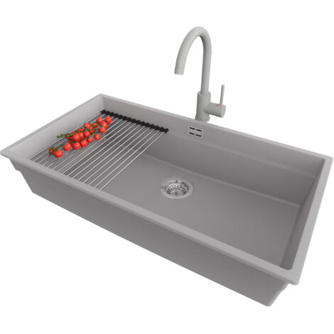 PRIMAGRAN Evier Sous Plan 86x47cm,Evier en Granit 1 bac + Robinet 32x20cm + Kit de Vidage + Égouttoir Enroulable, Évier au meuble 90cm - Prague, Gris (1/5)