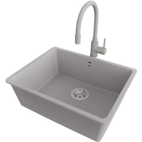 PRIMAGRAN Evier Cuisine en Granit 56x44cm,Lavabo 1 bac + Robinet 38x14cm + Kit de Vidage, Évier à Encastrer au meuble 60cm - Venise Slim Easy, Gris (1/5)
