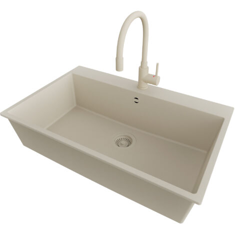 PRIMAGRAN Evier Cuisine en Granit 78x50cm,Lavabo 1 bac + Robinet 38x14cm + Kit de Vidage, Évier à Encastrer au meuble 80cm - Riga, Beige