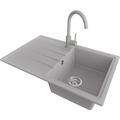 PRIMAGRAN Evier Cuisine en Granit 78x50cm,Lavabo 1 bac + Robinet 32x20cm + Kit de Vidage, Évier à Encastrer au meuble 45cm - Milan, Gris (1/5)