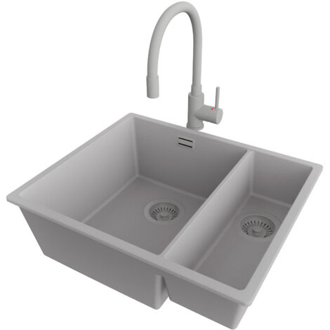 PRIMAGRAN Evier Cuisine en Granit 56x47cm,Lavabo 1,5 bacs + Robinet 38x14cm + Kit de Vidage, Évier à Encastrer au meuble 60cm - London Slim Duo, Gris (1/5)