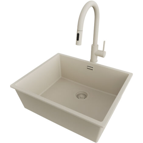 PRIMAGRAN Evier Cuisine en Granit 56x47cm,Lavabo 1 bac + Robinet 40x20cm + Kit de Vidage, Évier à Encastrer au meuble 60cm - London Slim, Beige (1/5)