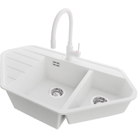 PRIMAGRAN Evier d'angle en Granit 90x50cm, Lavabo Cuisine 1,5 bacs + Kit de Vidage + Accessoire, Évier à Encastrer au meuble 70cm - Copenhague Corner, Blanc (1/5)