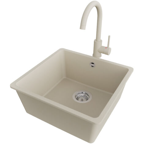 PRIMAGRAN Evier Sous Plan 46x44cm,Evier en Granit 1 bac + Robinet 32x20cm + Kit de Vidage, Évier au meuble 50cm - Venise Easy, Beige (1/5)