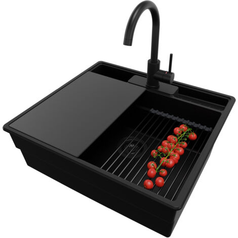 PRIMAGRAN Evier Cuisine en Granit 58x53cm,Lavabo 1 bac + Robinet 32x20cm + Kit de Vidage + Accessoires, Évier à Encastrer au meuble 60cm - New York, Tout Noir (1/5)