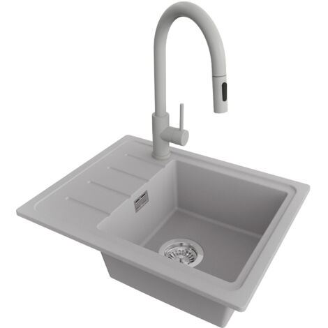 PRIMAGRAN Evier Cuisine en Granit 55x44cm,Lavabo 1 bac + Robinet 40x20cm + Kit de Vidage, Évier à Encastrer au meuble 45cm - Copenhague Easy, Gris (1/5)
