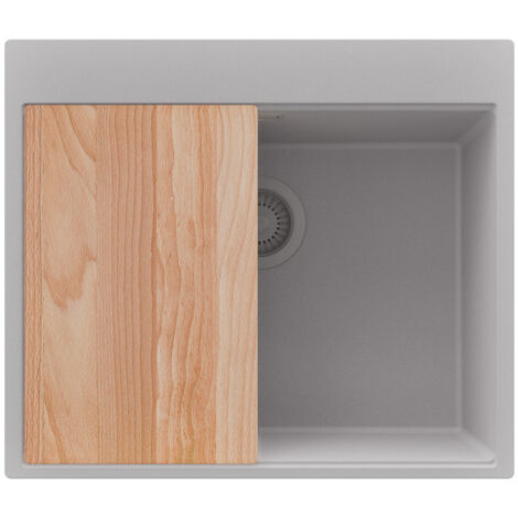 PRIMAGRAN Evier Cuisine en Granit 58x50cm,Lavabo 1 bac + Kit de Vidage + Planche à Découper, Évier à Encastrer au meuble 60cm - Oslo, Gris (1/5)