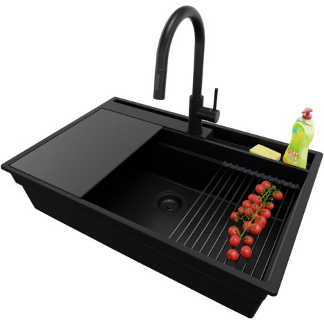 PRIMAGRAN Evier Cuisine en Granit 78x53cm, Lavabo 1 bac + Kit de Vidage + Accessoire, Évier à Encastrer au meuble 80cm - Oslo Pocket, Tout Noir (1/5)