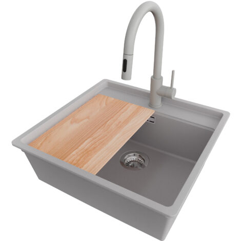 PRIMAGRAN Evier Cuisine en Granit 56x53cm,Lavabo 1 bac + Robinet 40x20cm + Kit de Vidage + Planche à Découper, Évier à Encastrer au meuble 60cm - Bergen, Gris (1/5)