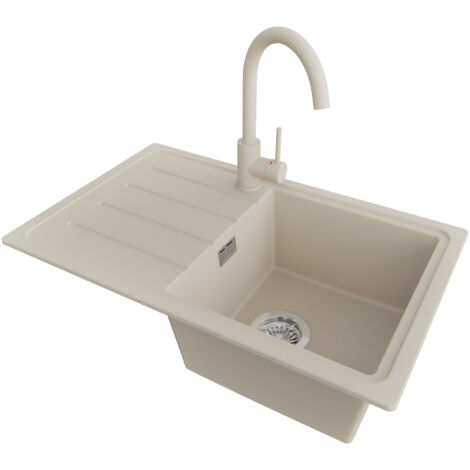 PRIMAGRAN Evier Cuisine en Granit 70x44cm,Lavabo 1 bac + Robinet 32x20cm + Kit de Vidage, Évier à Encastrer au meuble 45cm - Copenhague Easy, Beige (1/5)